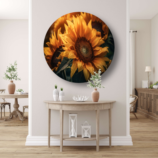 Zonnebloem close-up met waterdruppels aluminium muurcirkel