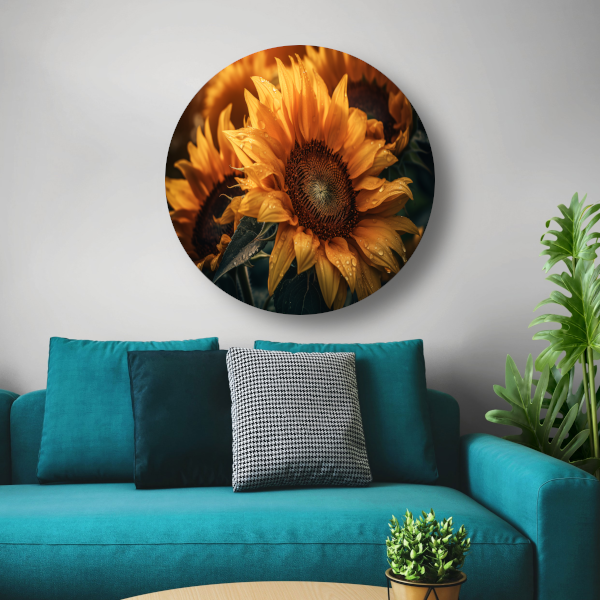 Zonnebloem close-up met waterdruppels aluminium muurcirkel