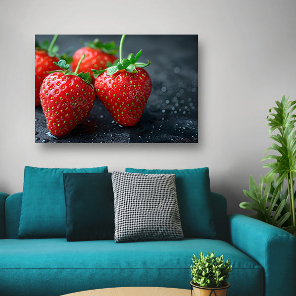 Drie glimmende aardbeien canvas