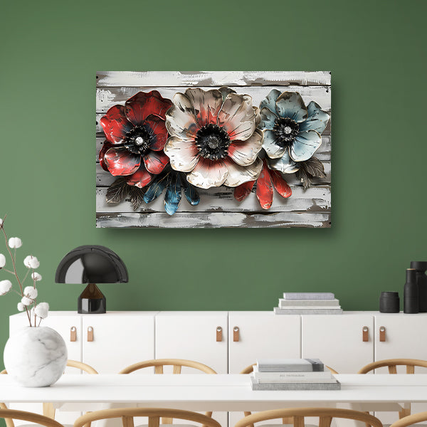 Abstracte bloemen in rood, wit en blauw canvas