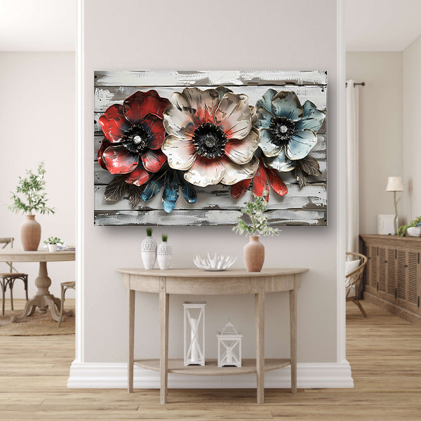 Abstracte bloemen in rood, wit en blauw canvas