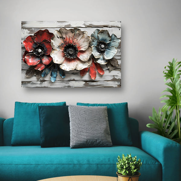 Abstracte bloemen in rood, wit en blauw canvas
