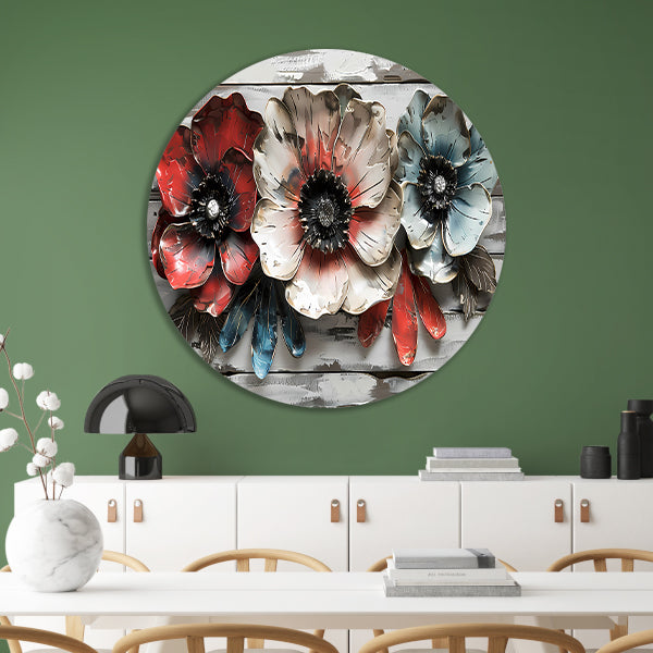 Abstracte bloemen in rood, wit en blauw forex muurcirkel