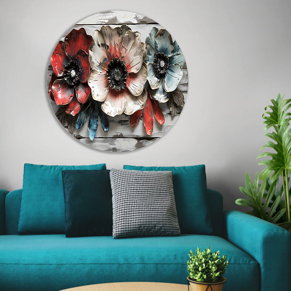 Abstracte bloemen in rood, wit en blauw forex muurcirkel