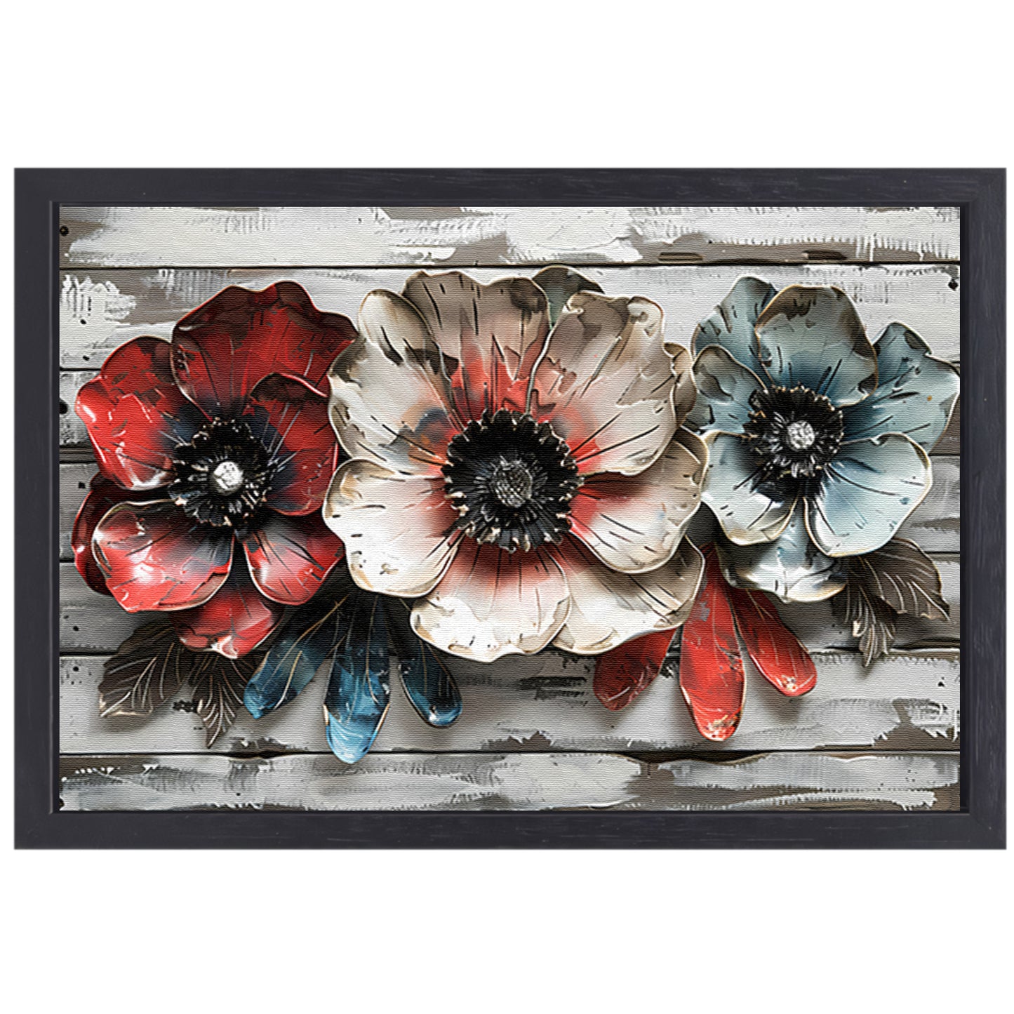 Abstracte bloemen in rood, wit en blauw canvas met baklijst