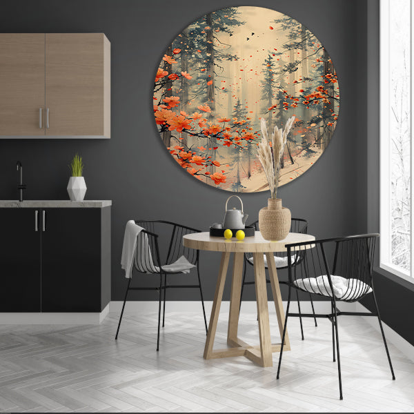 Mistig bos met bloeiende bloemenpracht aluminium muurcirkel