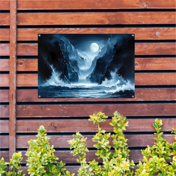 Magisch maanlandschap met waterval en bergen tuinposter