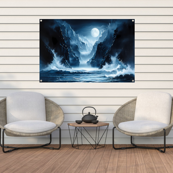 Magisch maanlandschap met waterval en bergen tuinposter