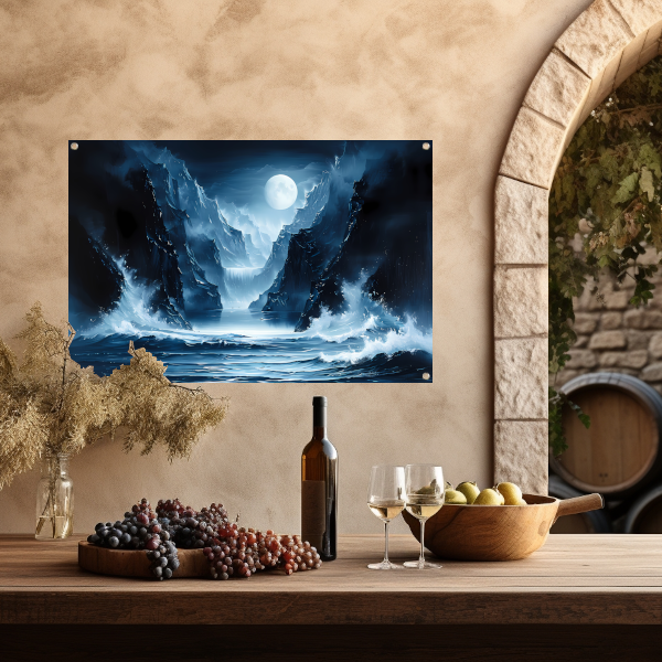 Magisch maanlandschap met waterval en bergen tuinposter