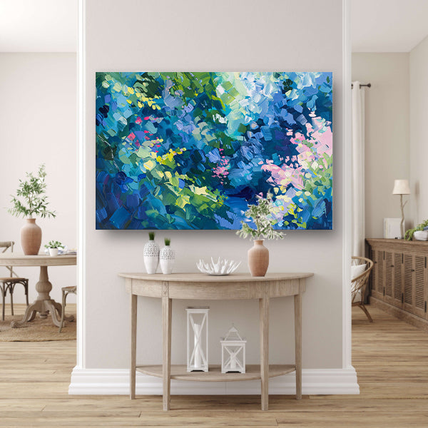 Abstracte kleurrijke bloemenveld schilderij in olie acrylglas