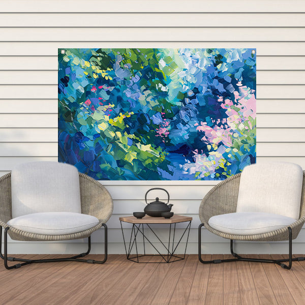 Abstracte kleurrijke bloemenveld schilderij in olie tuinposter