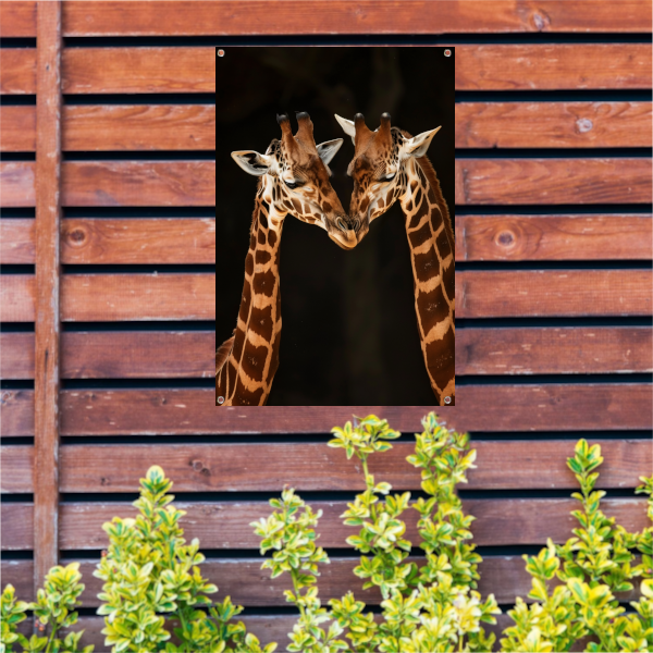 Twee giraffen tegen donkere achtergrond tuinposter