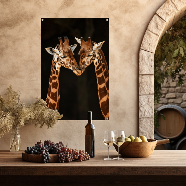 Twee giraffen tegen donkere achtergrond tuinposter