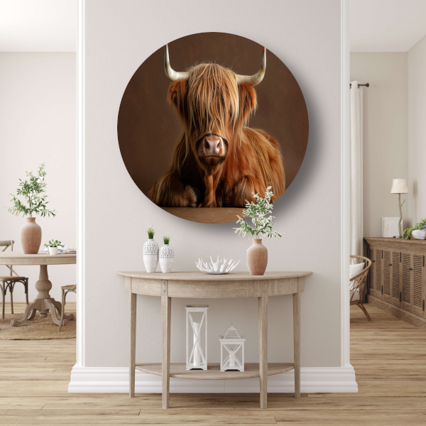 Schotse hooglander met rustgevende blik aluminium muurcirkel