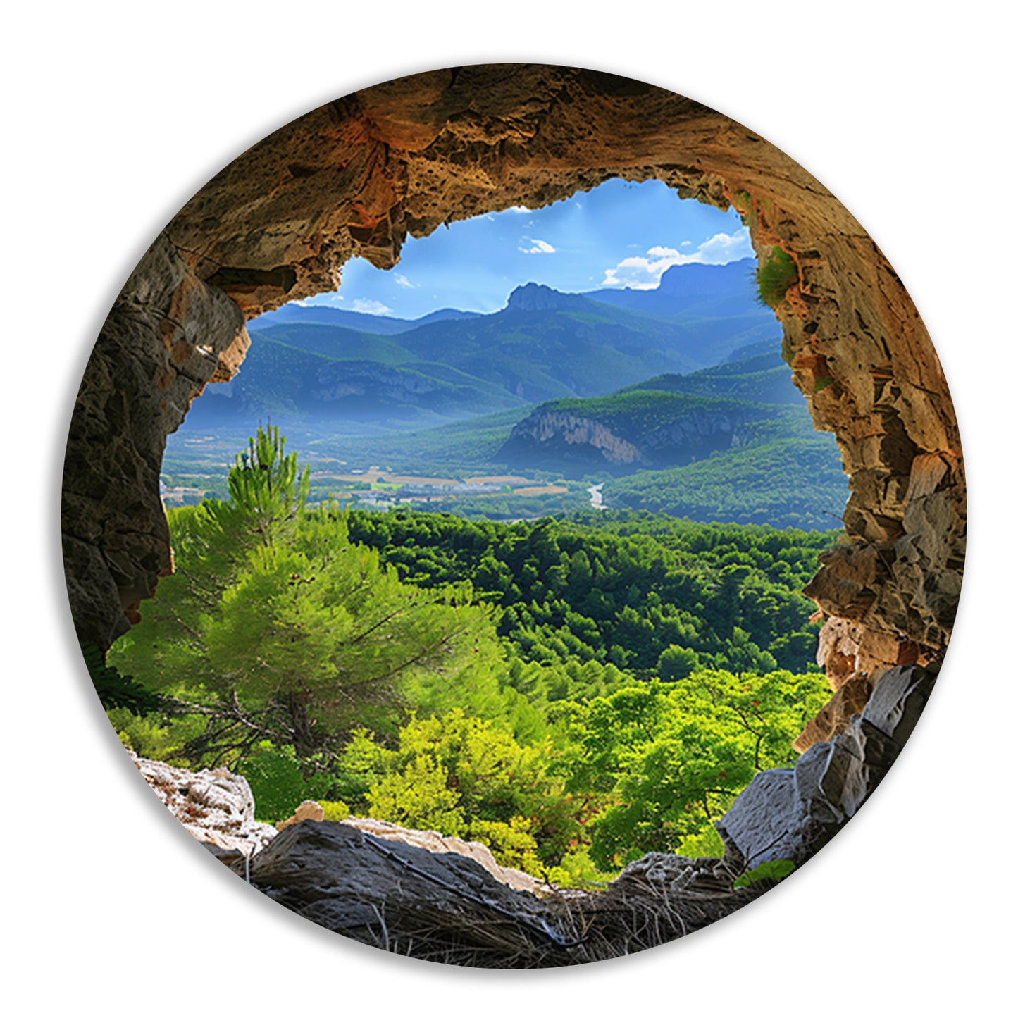 Berglandschap gezien vanuit een grot aluminium muurcirkel