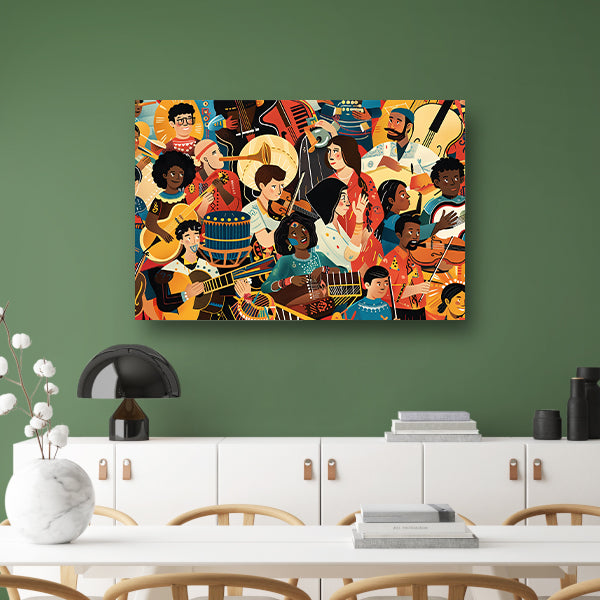 Kleurrijke muzikanten in levendige harmonie acrylglas