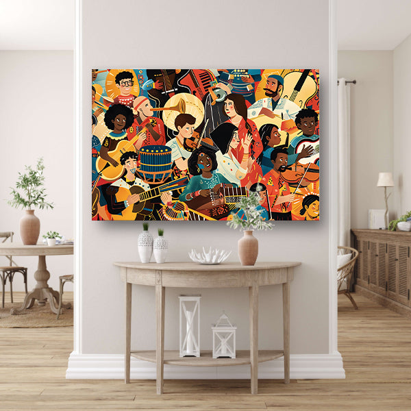 Kleurrijke muzikanten in levendige harmonie acrylglas
