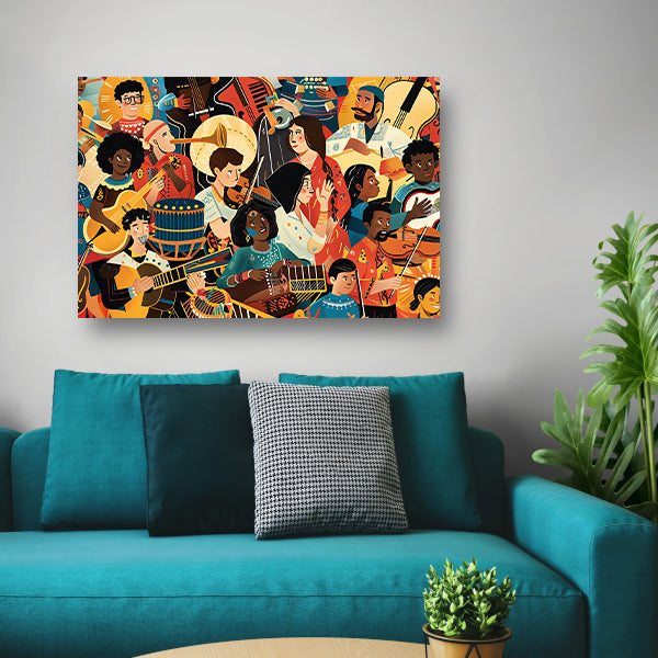 Kleurrijke muzikanten in levendige harmonie acrylglas