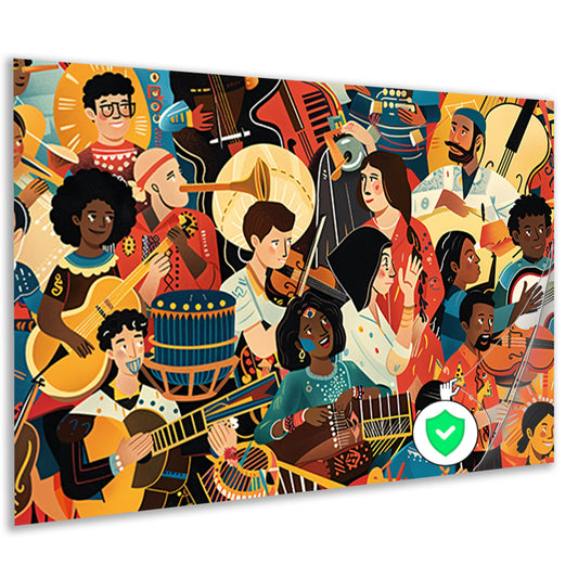 Kleurrijke muzikanten in levendige harmonie poster