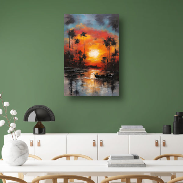 Zonsondergang reflectie en eenzame boot canvas