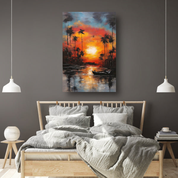 Zonsondergang reflectie en eenzame boot canvas