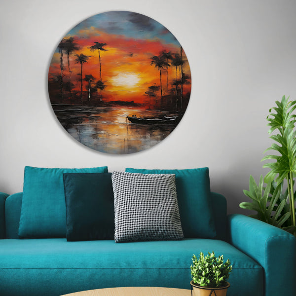 Zonsondergang reflectie en eenzame boot forex muurcirkel
