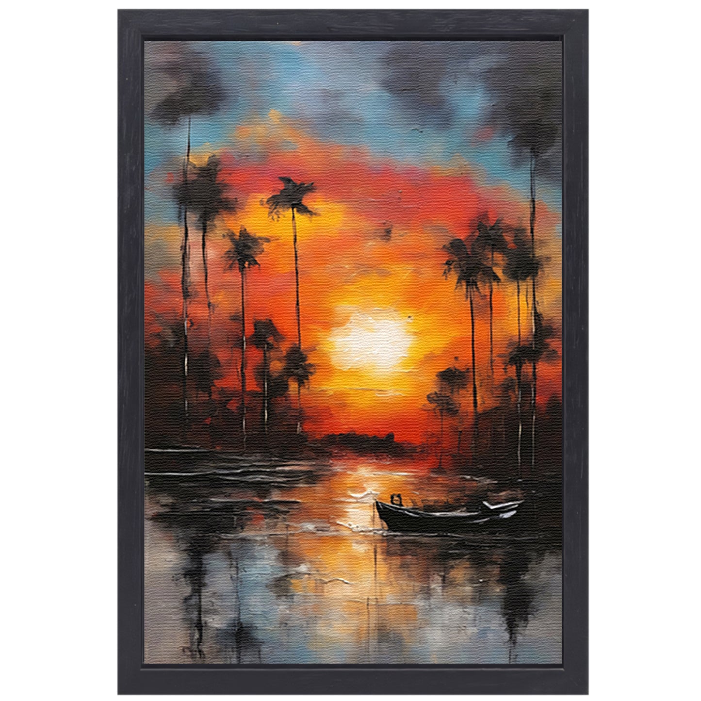 Zonsondergang reflectie en eenzame boot canvas met baklijst