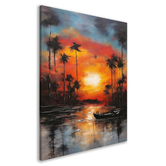 Zonsondergang reflectie en eenzame boot canvas