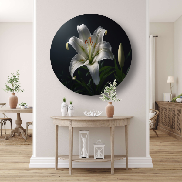 Elegante Witte Lelie met Waterdruppels forex muurcirkel