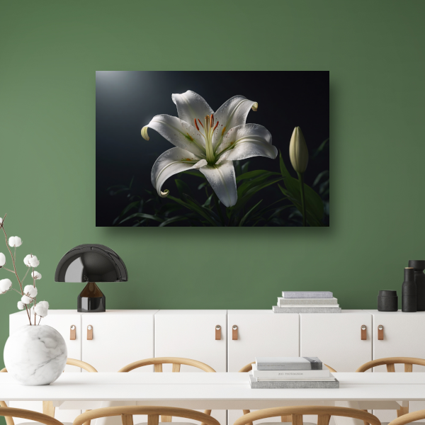 Elegante Witte Lelie met Waterdruppels canvas met baklijst