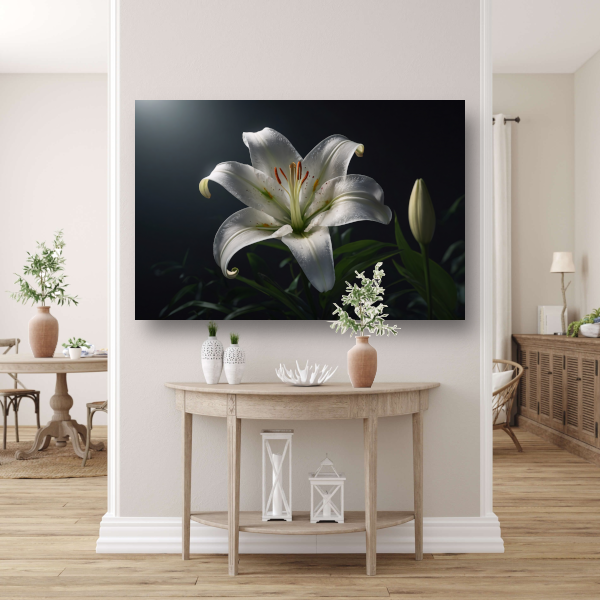 Elegante Witte Lelie met Waterdruppels canvas met baklijst
