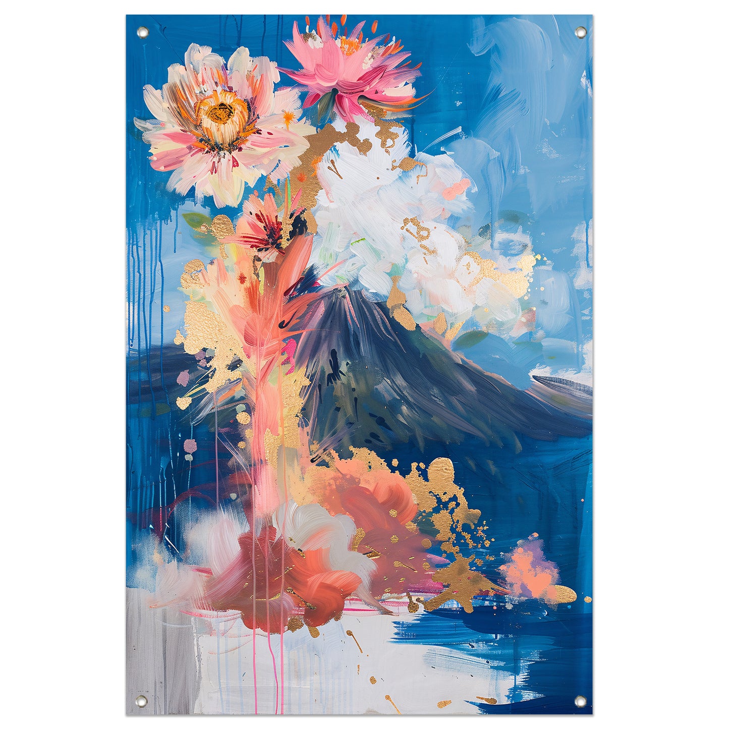 Moderne abstracte schilderij met bloemen en vulkaan tuinposter