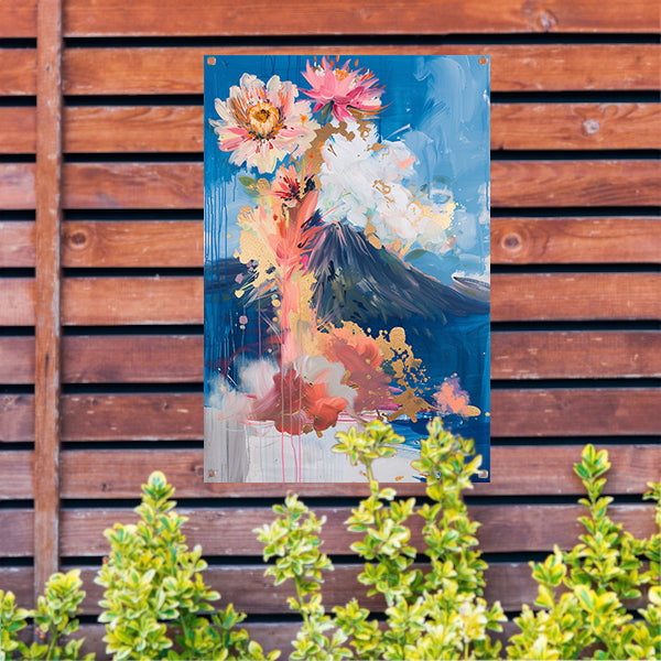 Moderne abstracte schilderij met bloemen en vulkaan tuinposter