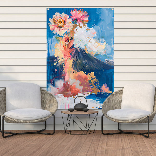 Moderne abstracte schilderij met bloemen en vulkaan tuinposter