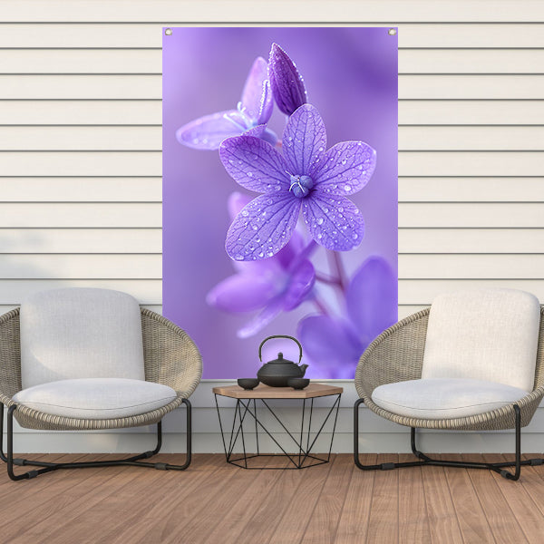 Paarse bloemen met dauwdruppels in close-up tuinposter