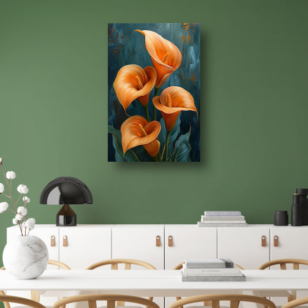 Elegante oranje calla lelies op artistieke achtergrond canvas