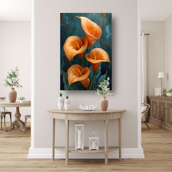 Elegante oranje calla lelies op artistieke achtergrond canvas
