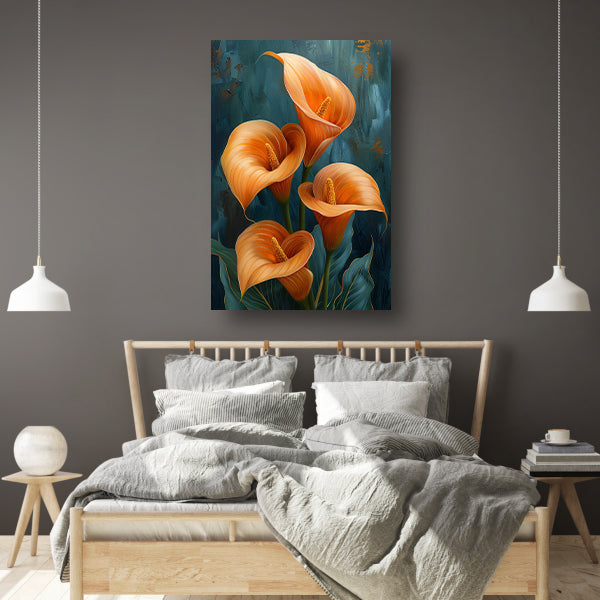 Elegante oranje calla lelies op artistieke achtergrond canvas