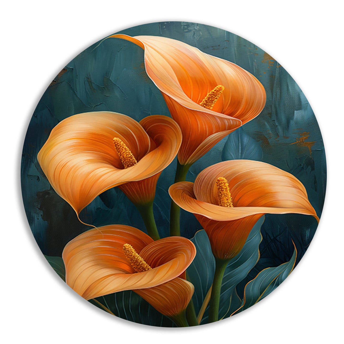 Elegante oranje calla lelies op artistieke achtergrond forex muurcirkel