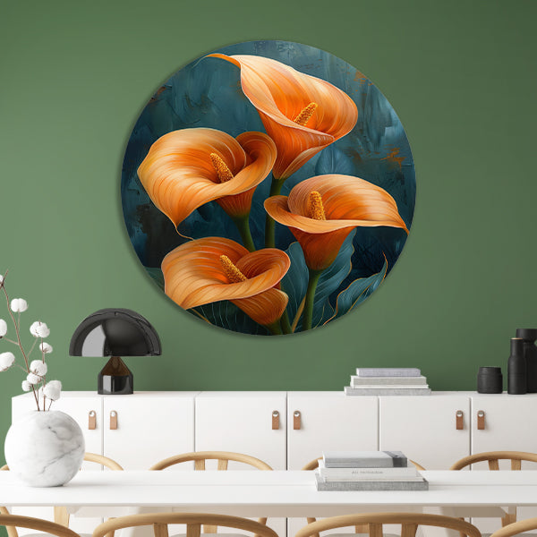 Elegante oranje calla lelies op artistieke achtergrond forex muurcirkel