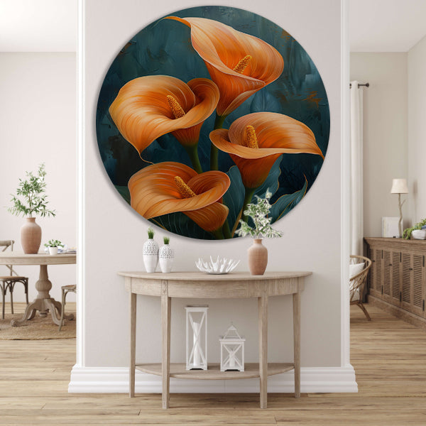 Elegante oranje calla lelies op artistieke achtergrond forex muurcirkel