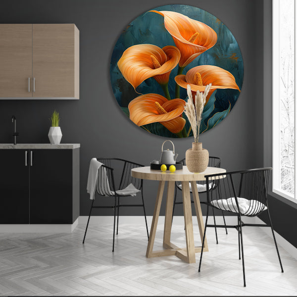 Elegante oranje calla lelies op artistieke achtergrond forex muurcirkel