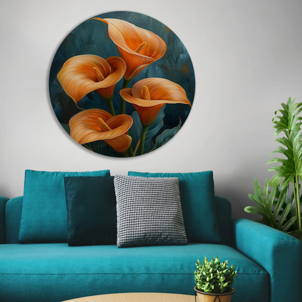Elegante oranje calla lelies op artistieke achtergrond forex muurcirkel