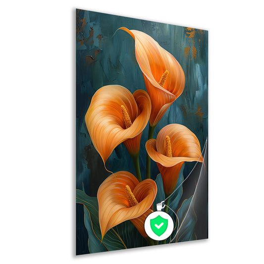 Elegante oranje calla lelies op artistieke achtergrond poster