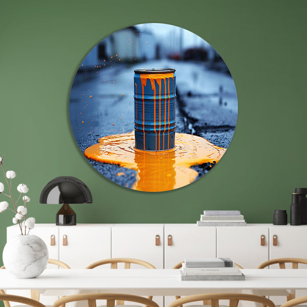Blauw Vat in Oranje Verf aluminium muurcirkel