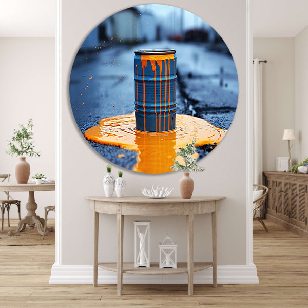 Blauw Vat in Oranje Verf aluminium muurcirkel