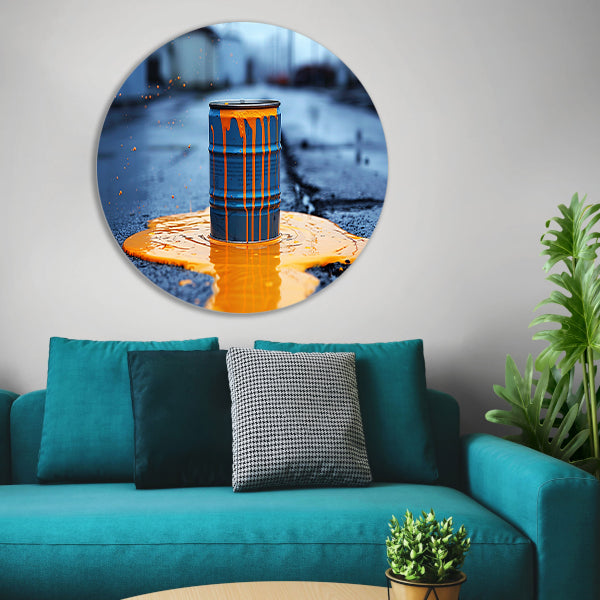 Blauw Vat in Oranje Verf aluminium muurcirkel