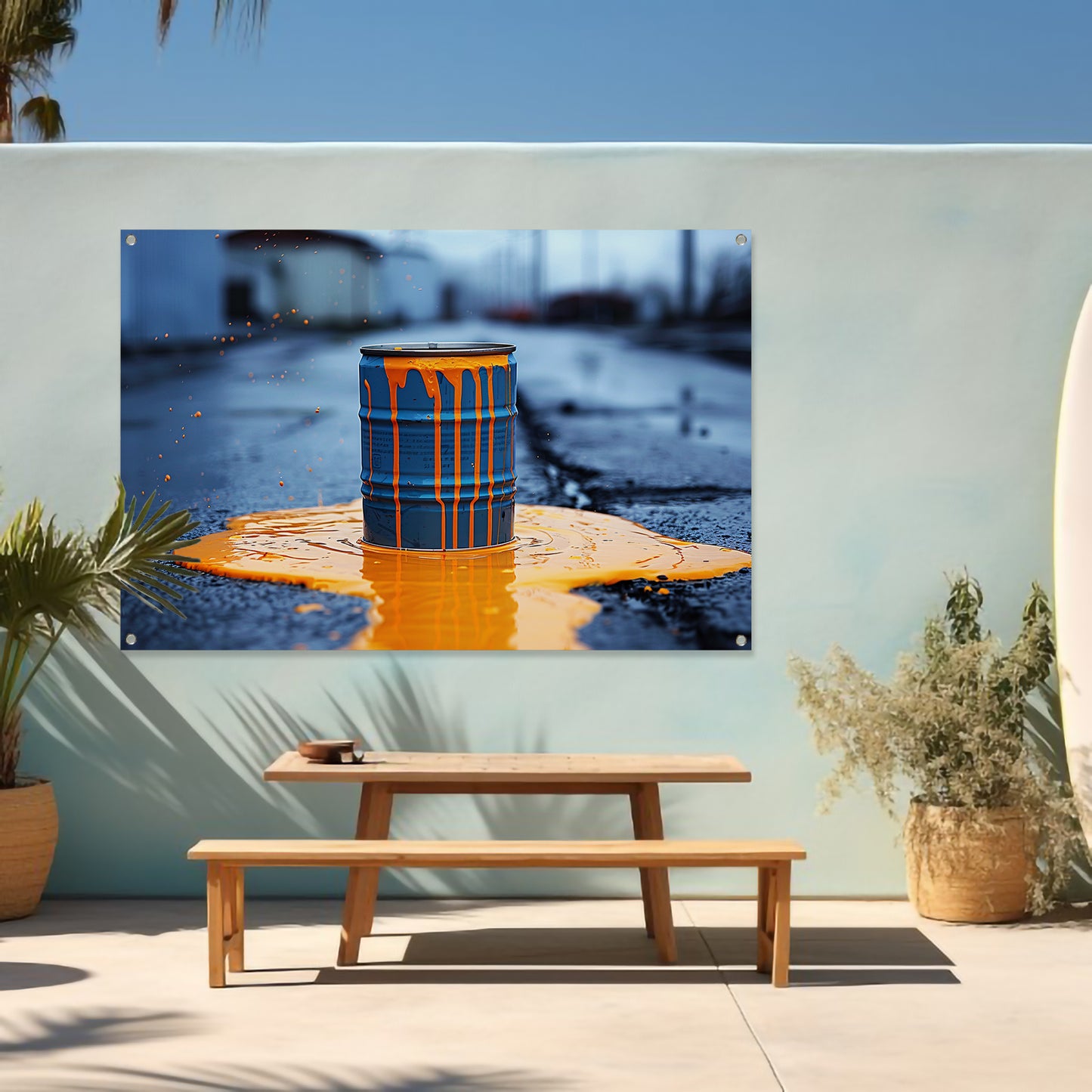 Blauw Vat in Oranje Verf tuinposter