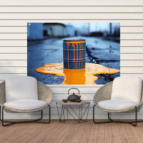 Blauw Vat in Oranje Verf tuinposter