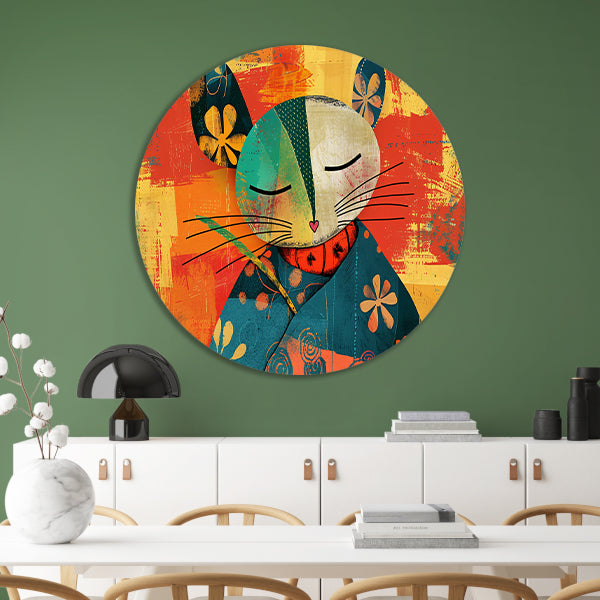 Vrolijke abstracte kat met kleurrijke bloemen forex muurcirkel
